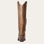 Tan/brown western cowboy boot with floral embroidery and tall stacked heel
