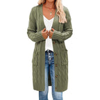 Olive green long knitted vest with button front and patch pockets
