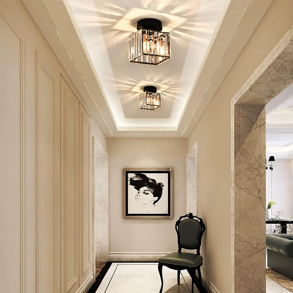 Black crystal flush mount ceiling lamp with clear prism panels and warm bulbs, square