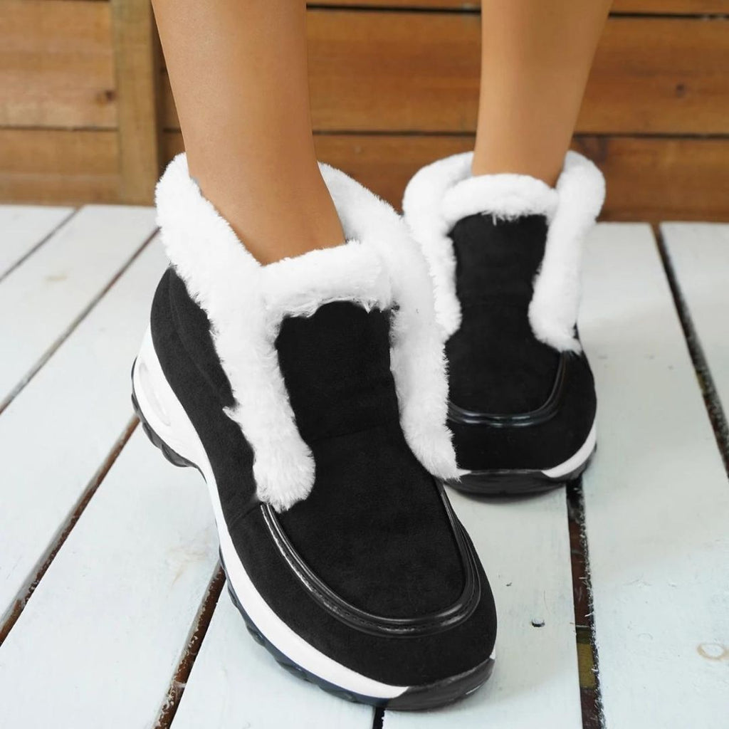 Women's ankle platform boots, black with white faux-fur trim and chunky white sole