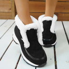 Women's ankle platform boots, black with white faux-fur trim and chunky white sole