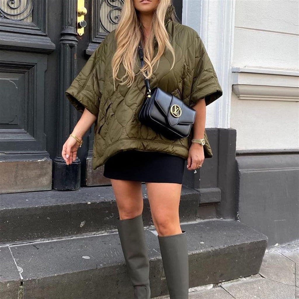 Olive quilted hooded bodywarmer with zip front and short sleeves