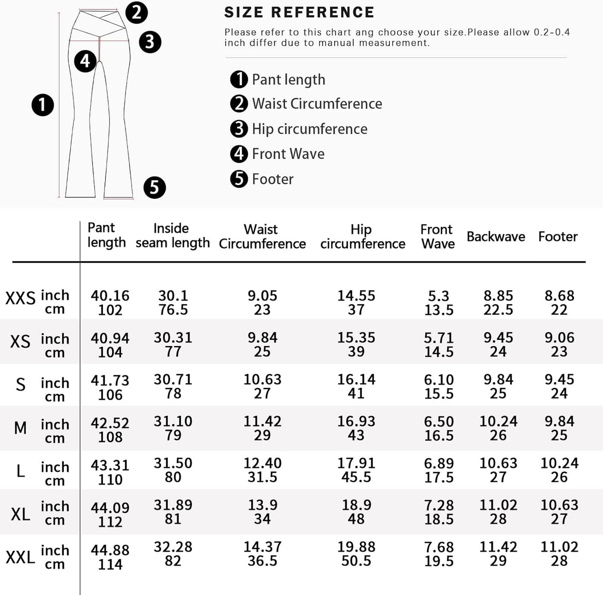 Flared yoga leggings size chart with pant length, waist, hip, and front wave