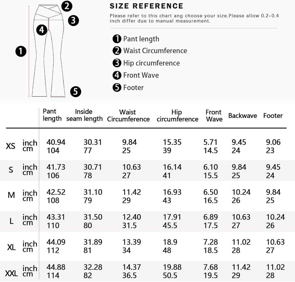 Flared yoga leggings size reference chart with pant length and waist measurements