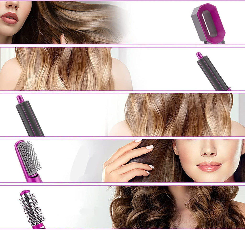 Hot air hair dryer brush held near long blonde hair, styling with purple vented nozzle