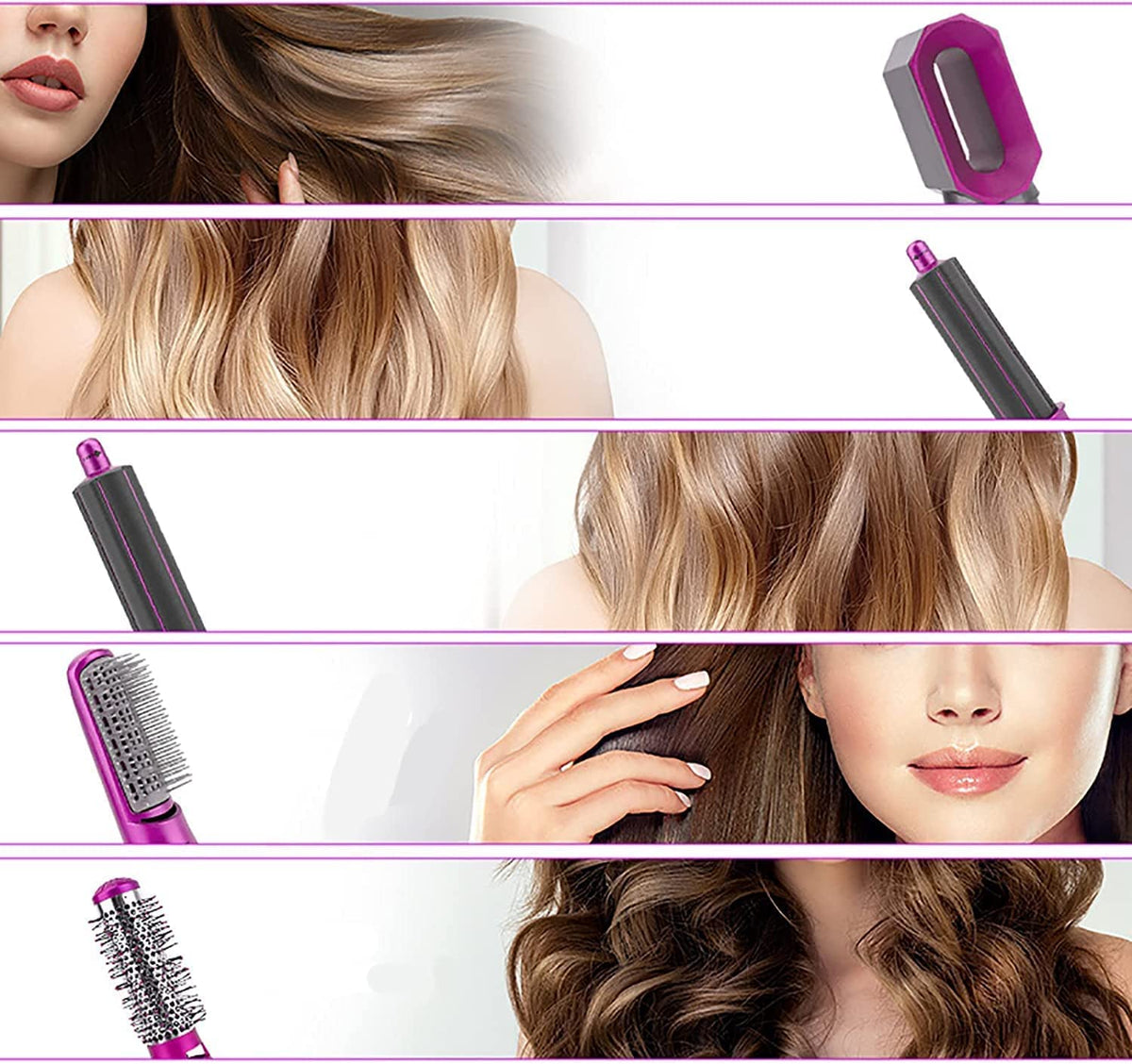 Hot air hair dryer brush held near long blonde hair, styling with purple vented nozzle
