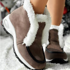 Women’s ankle platform boots in brown suede with white faux-fur cuff and black platform sole.