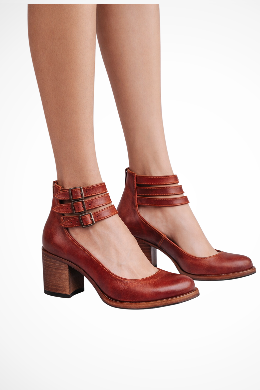 Women’s Mary Jane chunky heels with buckle straps, rust red