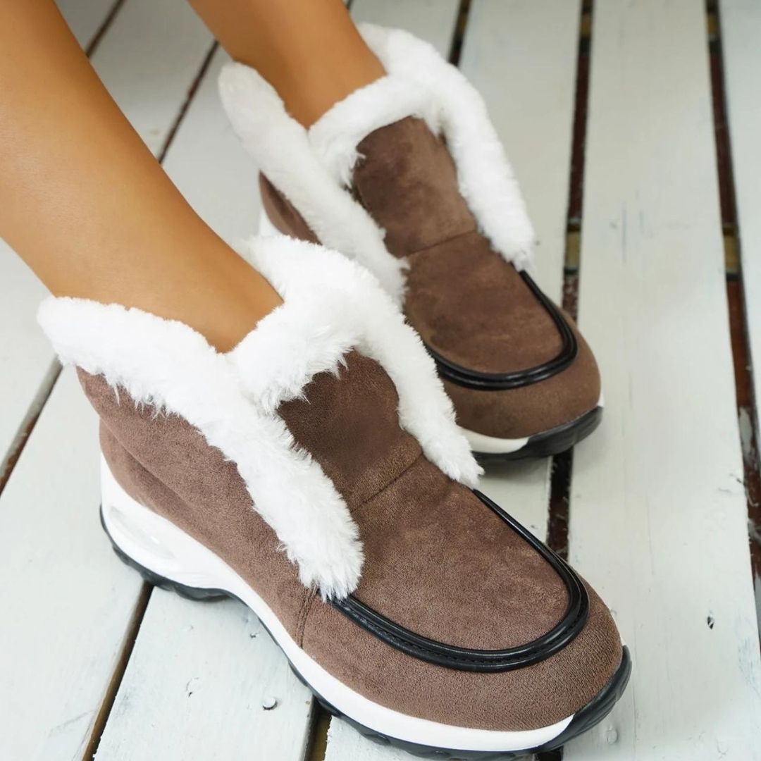 Women's ankle platform boots, brown with white faux-fur trim and black edge piping
