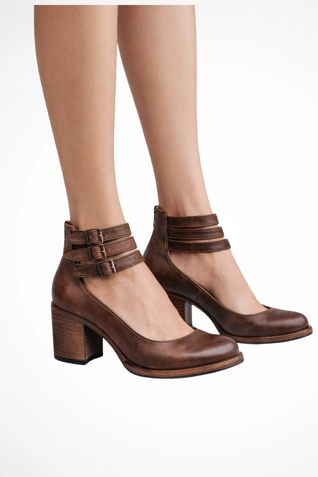 Women's Mary Jane chunky heels in brown with buckle strap