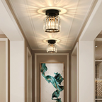 Black crystal flush mount ceiling lamp with clear prism panels and warm bulbs, square