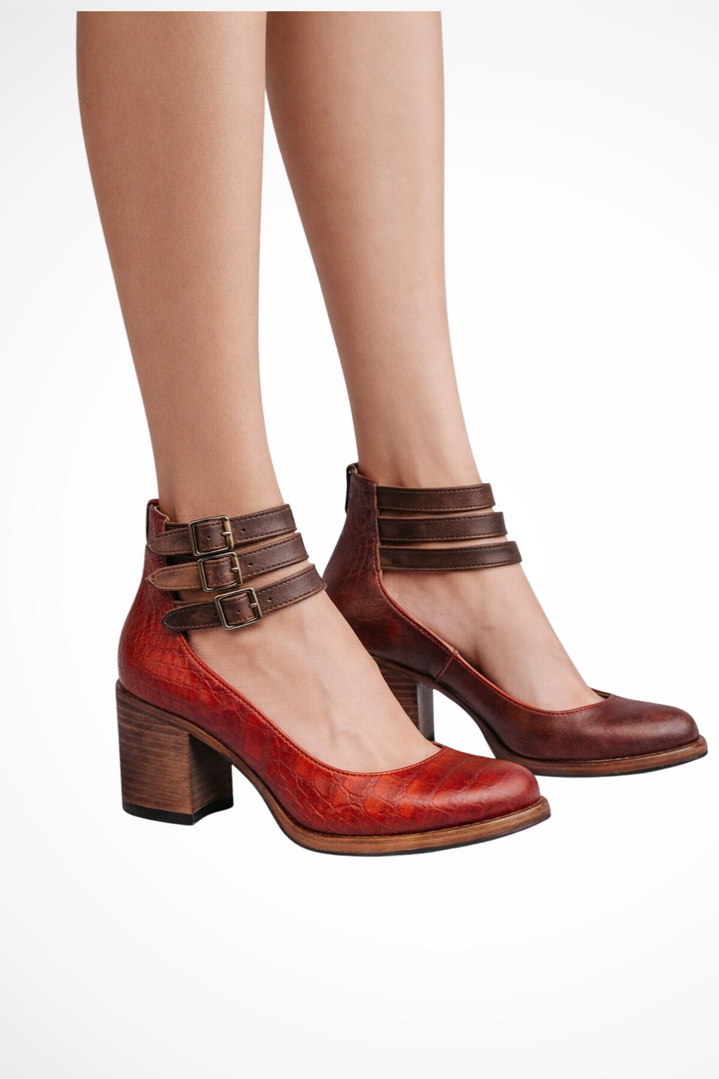 Women’s Mary Jane chunky heels with buckle straps, deep burgundy