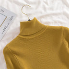 Ribbed turtleneck sweater in mustard yellow, close-up of mock neck collar