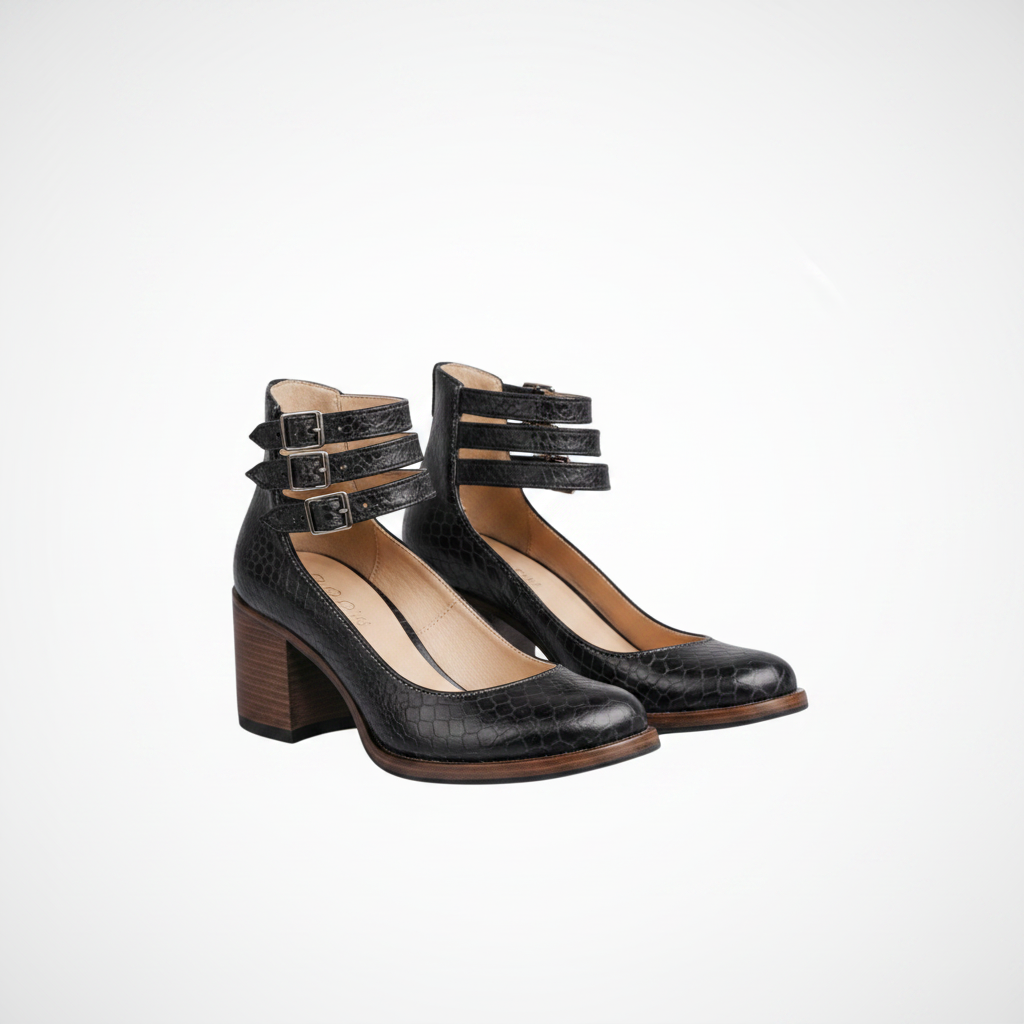 Women’s Mary Jane chunky heels with buckle straps, black leather-texture