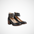 Women’s Mary Jane chunky heels with buckle straps, black leather-texture