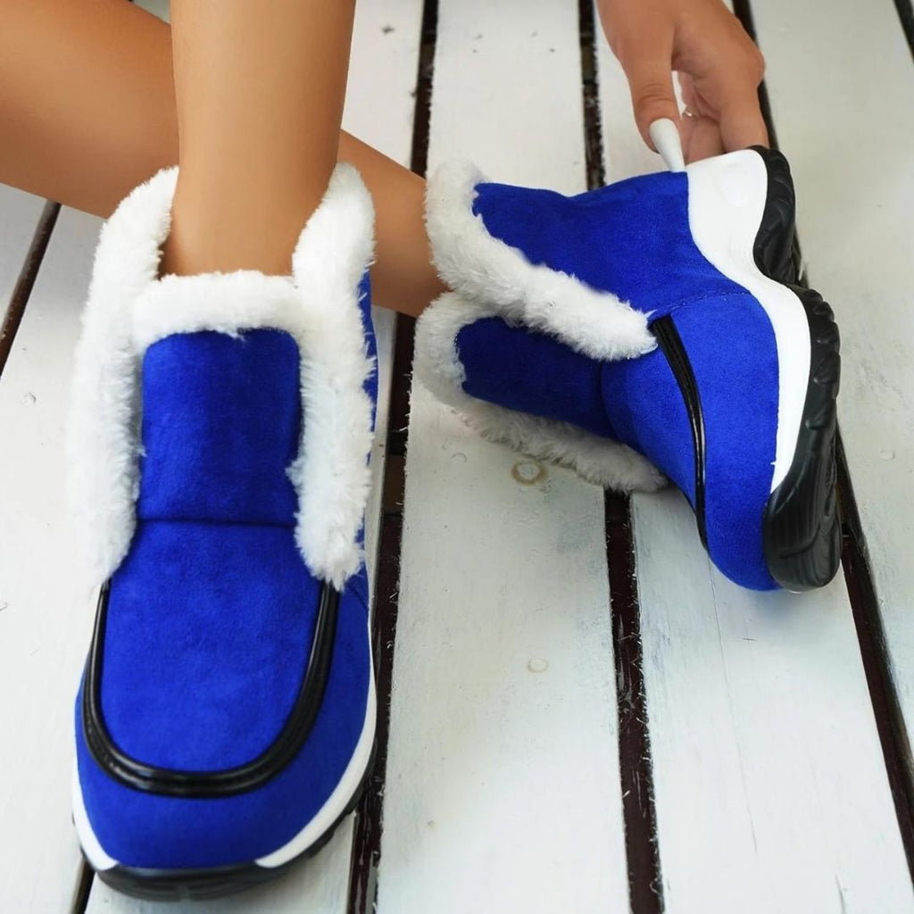 Women's ankle platform boots, royal blue suede with white faux-fur cuff and black piping