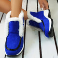 Women's ankle platform boots, royal blue suede with white faux-fur cuff and black piping