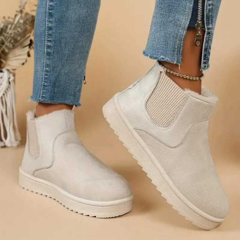 White suede low-cut slip-on boots with side elastic gore and faux-fur cuff