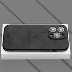 Genuine leather iPhone case with deer engraving, black, camera cutouts, shockproof edge