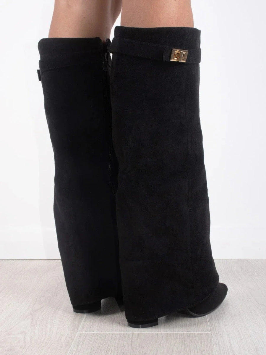 Black suede knee-high boots with wide top band, gold buckle, and block heel