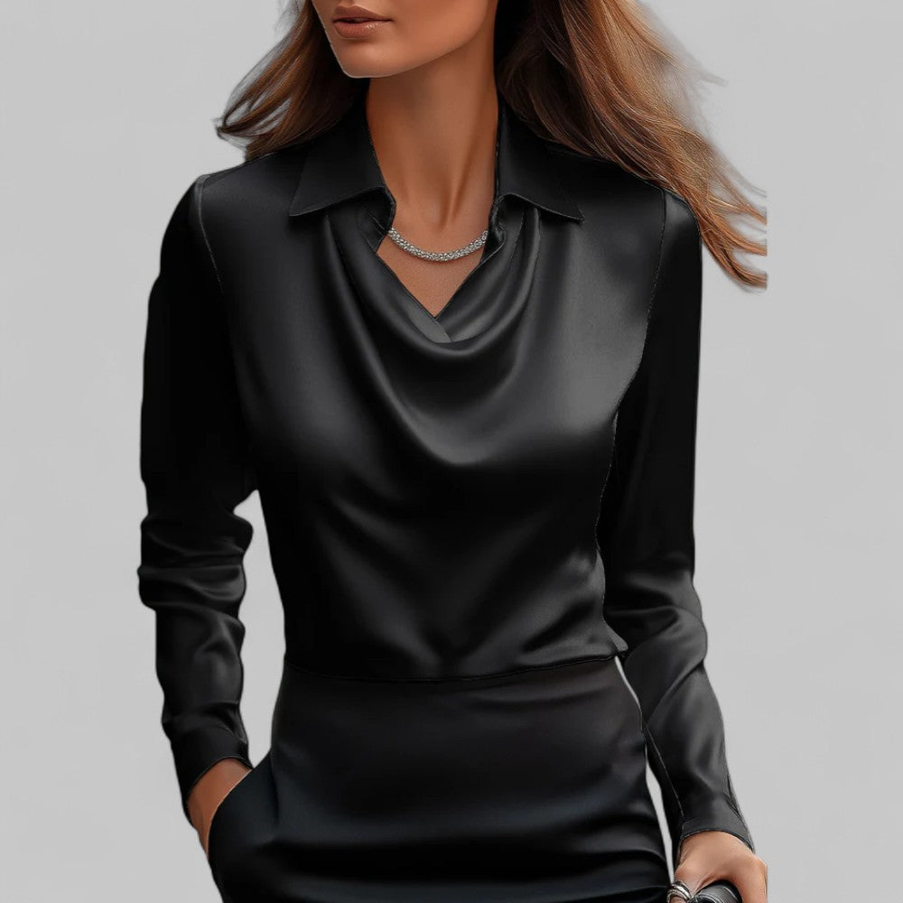 Silk blouse with draped V-neck and tailored fit, satin sheen, long sleeves, black