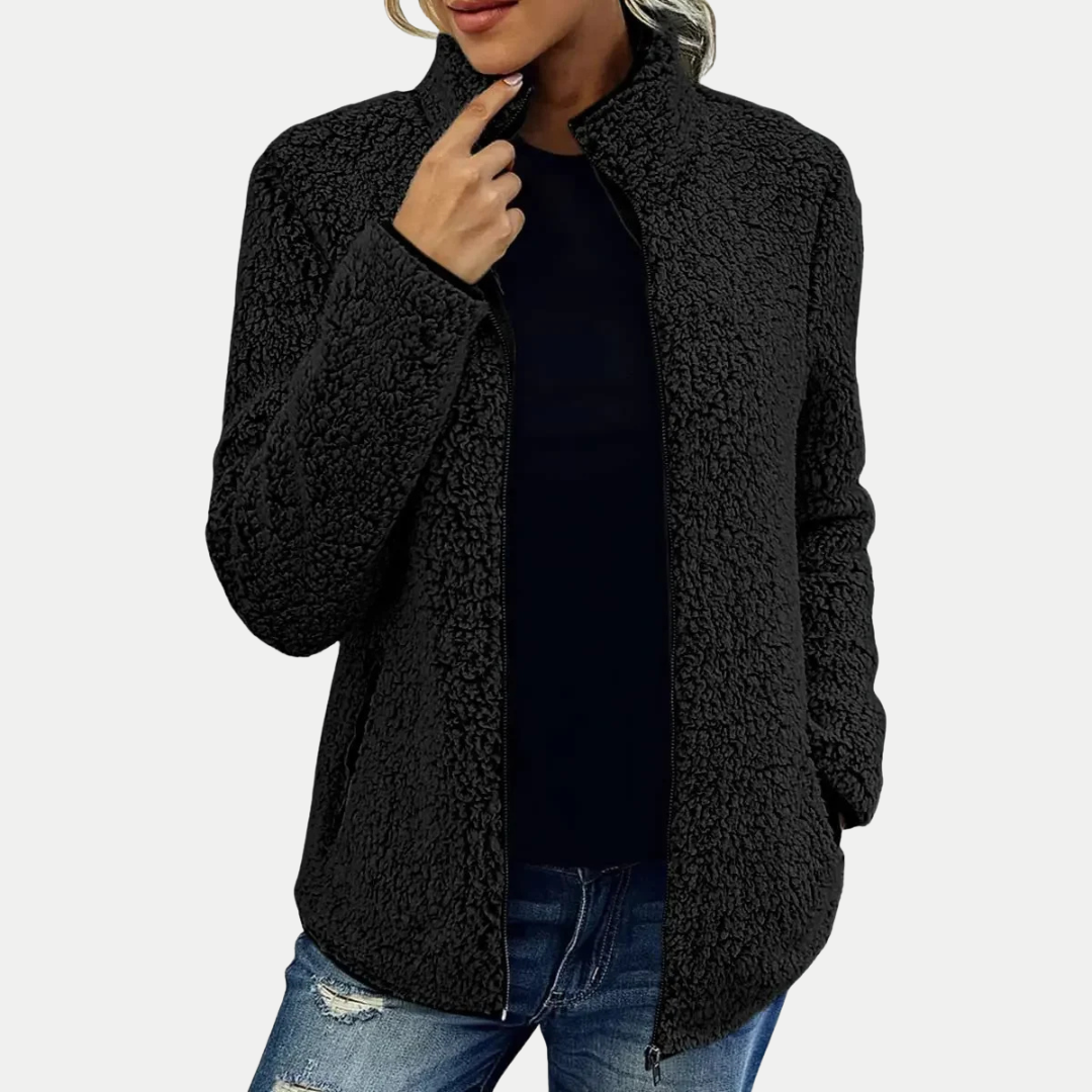 Black textured fleece full-zip jacket with stand collar and long sleeves