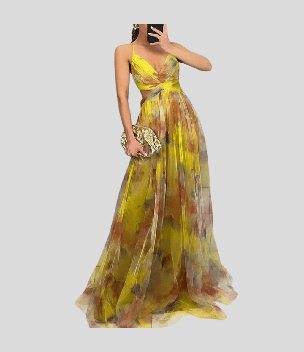 Floral maxi dress with ruffled straps, square neckline, yellow-green floral ombre print.