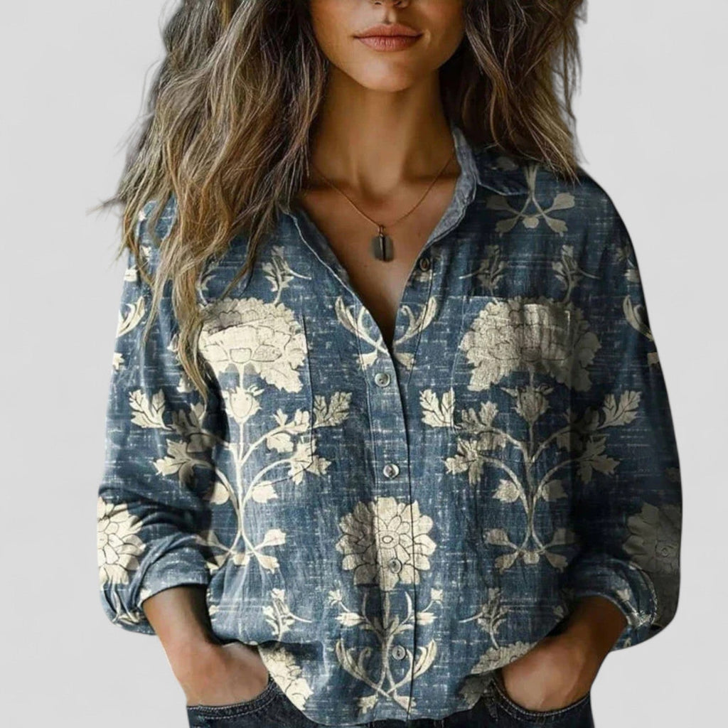 Blue floral print blouse shirt with button front and long sleeves