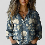 Blue floral print blouse shirt with button front and long sleeves