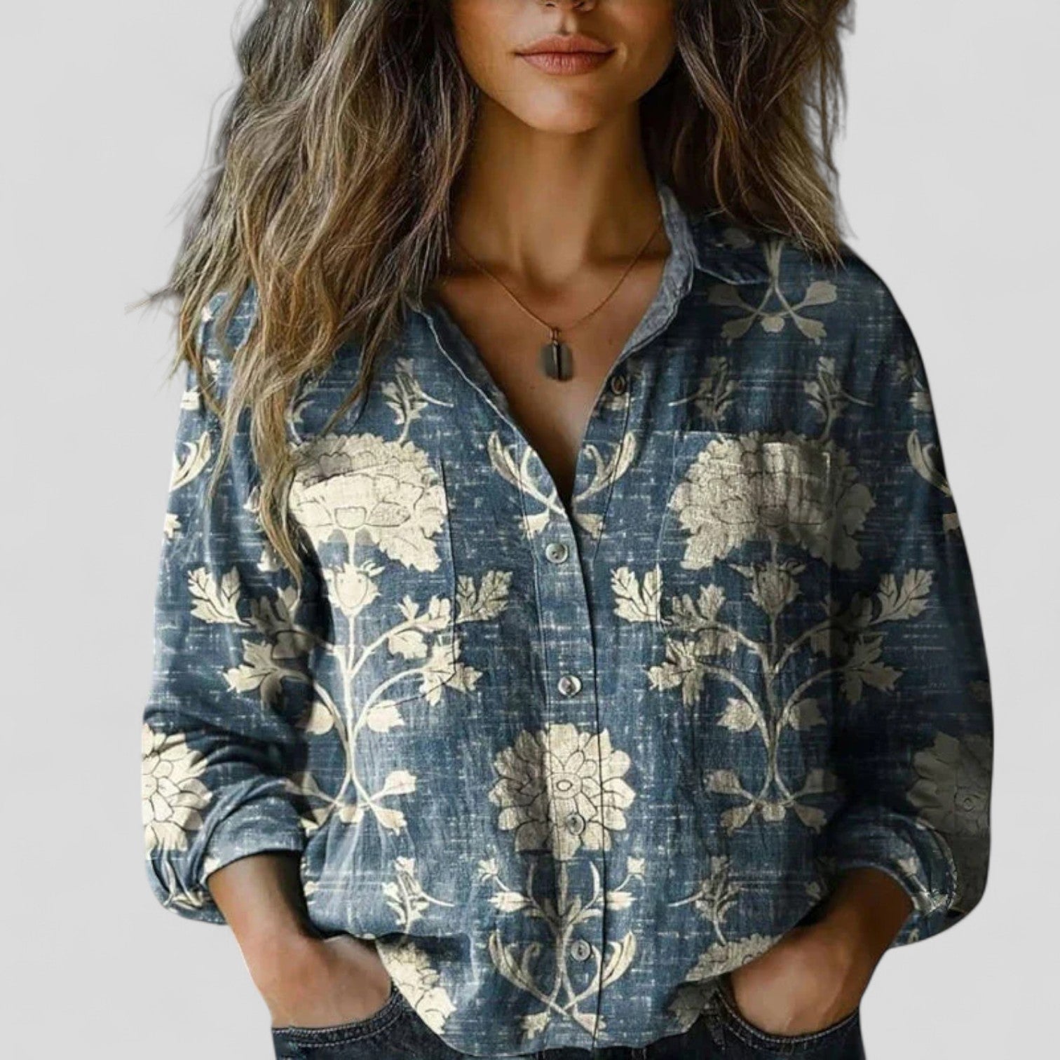 Blue floral print blouse shirt with button front and long sleeves