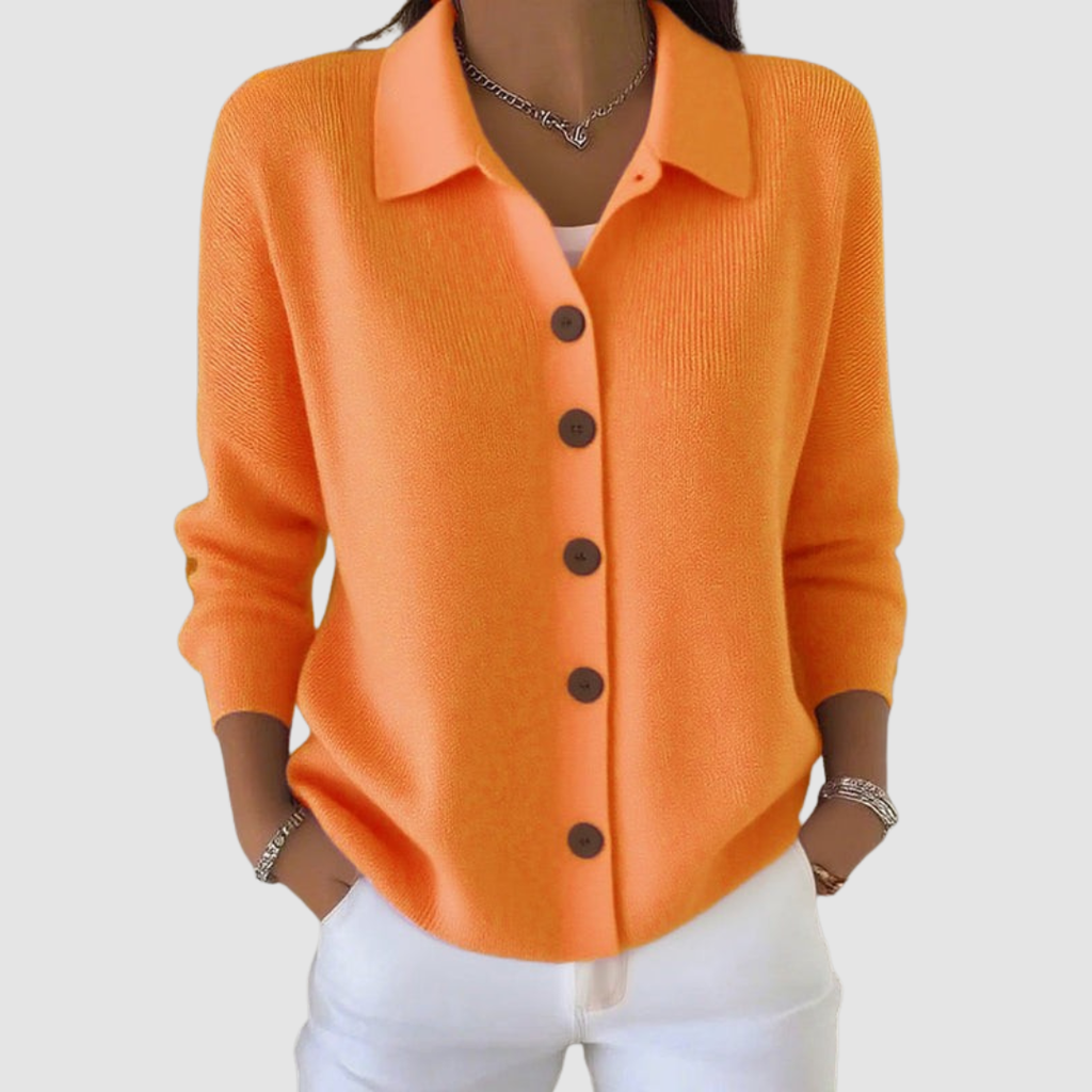 Women’s button-up V-neck knit cardigan with lapel collar, long sleeves, orange