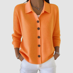 Women’s button-up V-neck knit cardigan with lapel collar, long sleeves, orange