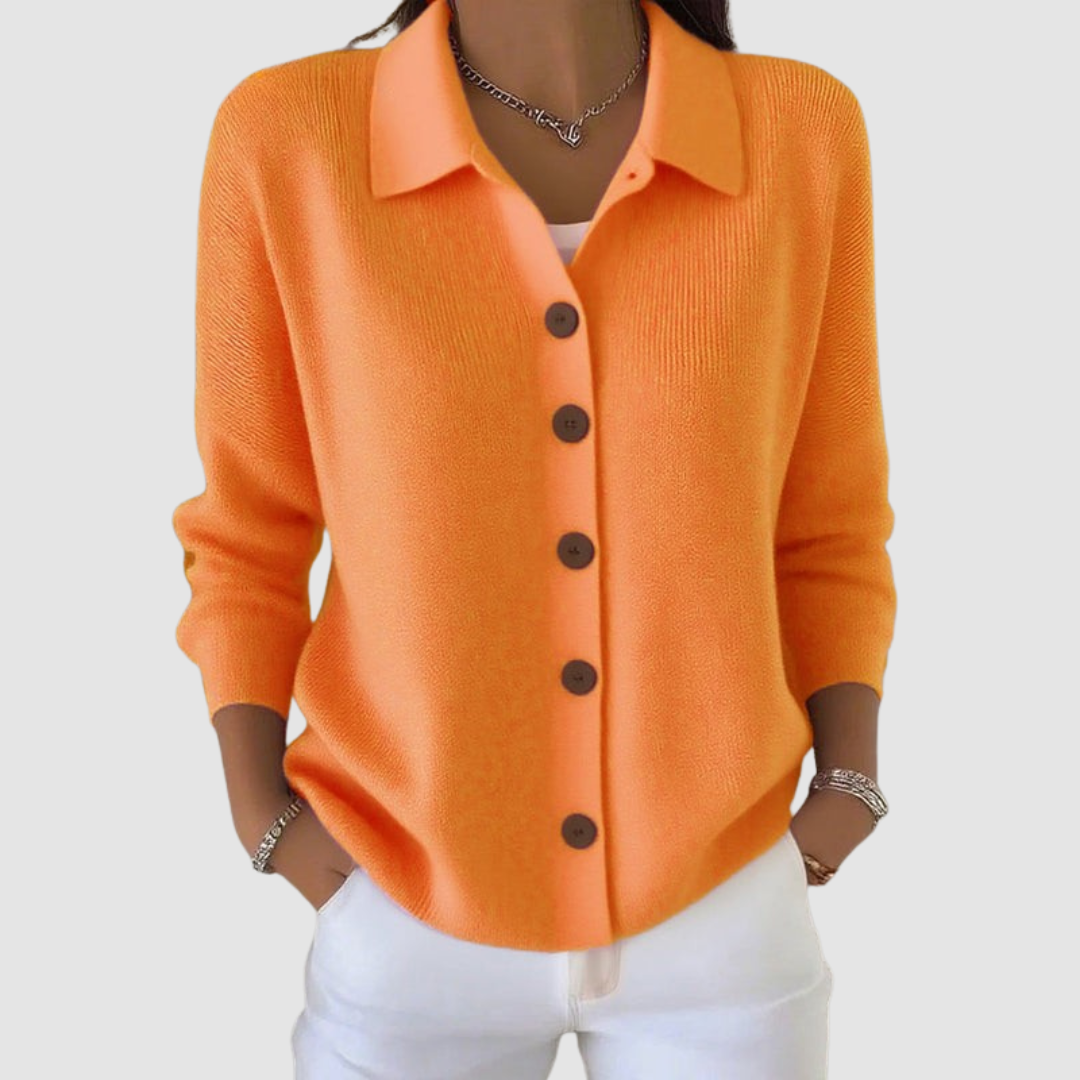 Women’s button-up V-neck knit cardigan with lapel collar, long sleeves, orange