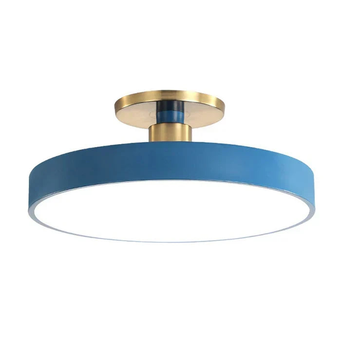 Round flush-mount LED ceiling lamp, blue shade with gold top and white light
