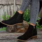 Black suede ankle boots with elastic side panels and low stacked heel, side view