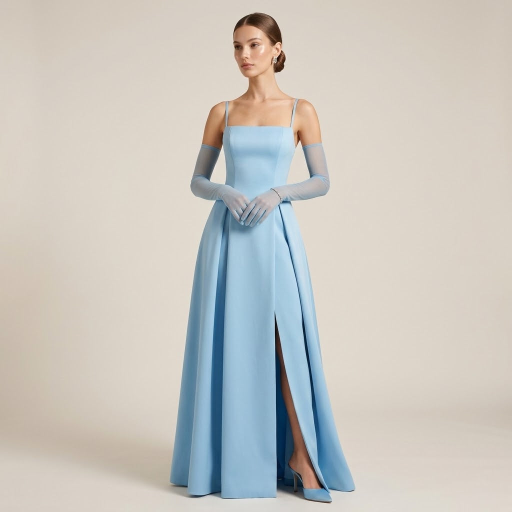 Sheer mesh elbow-length gloves, light blue