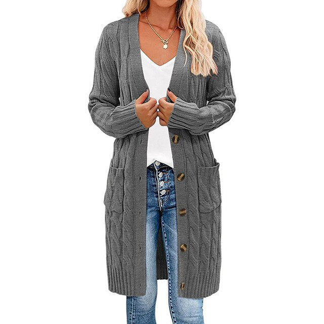 Dark gray long knitted vest with button front and patch pockets