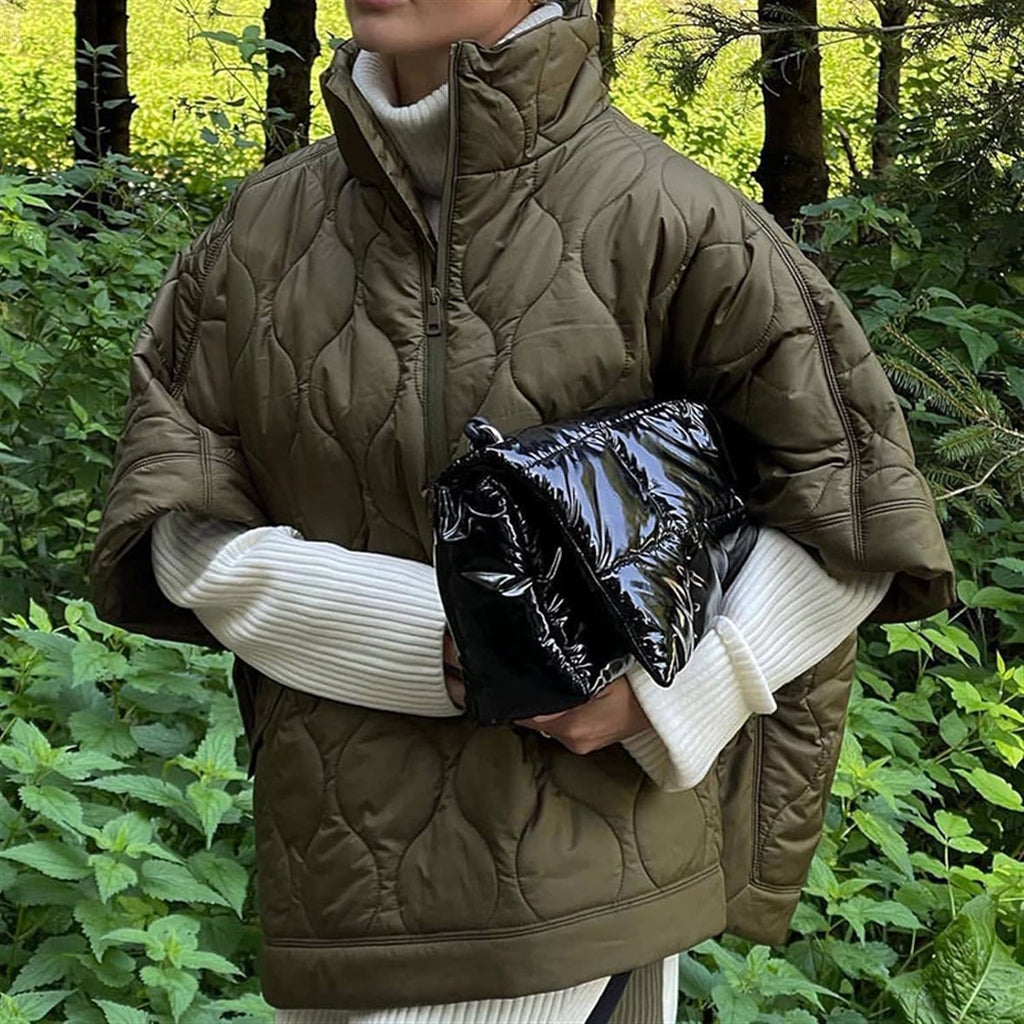 Olive quilted hooded bodywarmer with zip front, standing collar
