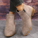 Taupe suede ankle boots with elastic side panels and low stacked heel