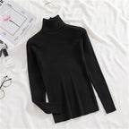Black ribbed knit turtleneck sweater with long sleeves, hanging on a hanger