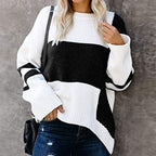Women’s striped colorblock sweater, white and dark charcoal with long sleeves and ribbed hem