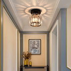 Black crystal flush mount ceiling lamp with clear prism panels and warm bulbs, round