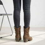 Brown suede ankle boots with pointed toe and block heel, pull-on style