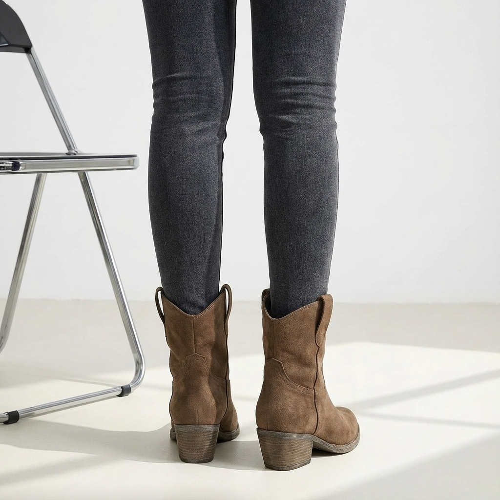 Brown suede ankle boots with pointed toe and block heel, pull-on style