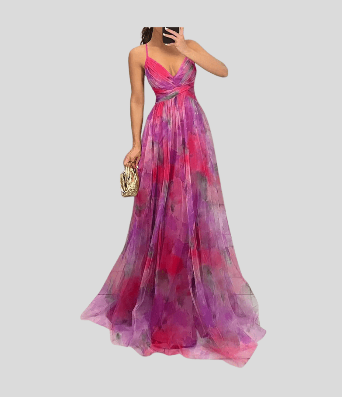 Floral maxi dress with ruffled straps, square neckline, pink and purple floral ombre print.