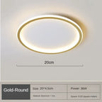 Gold round LED flush mount ceiling light with warm glow, 20cm diameter