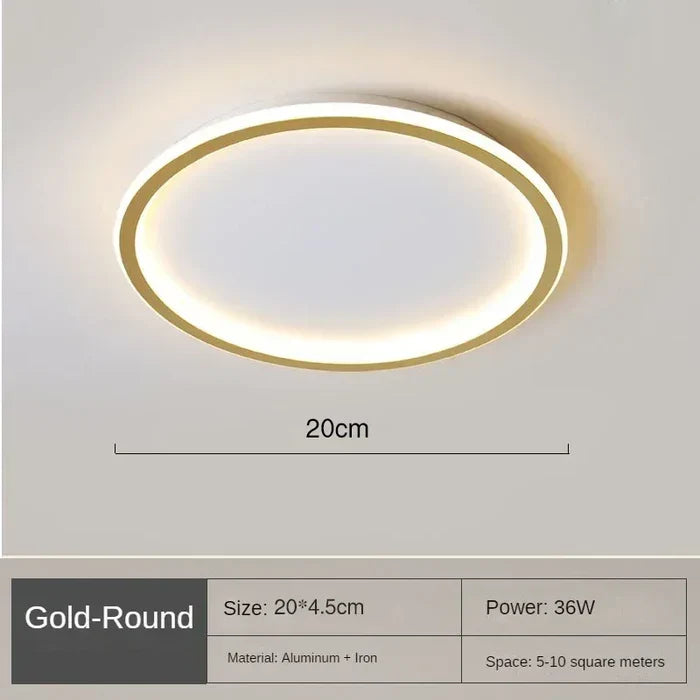 Gold round LED flush mount ceiling light with warm glow, 20cm diameter