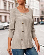 Knitted women’s top with buttons, square neckline, 3/4 sleeves, front slit detail, light brown