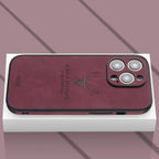 Genuine leather iPhone case with deer engraving, burgundy, camera cutouts, shockproof edge