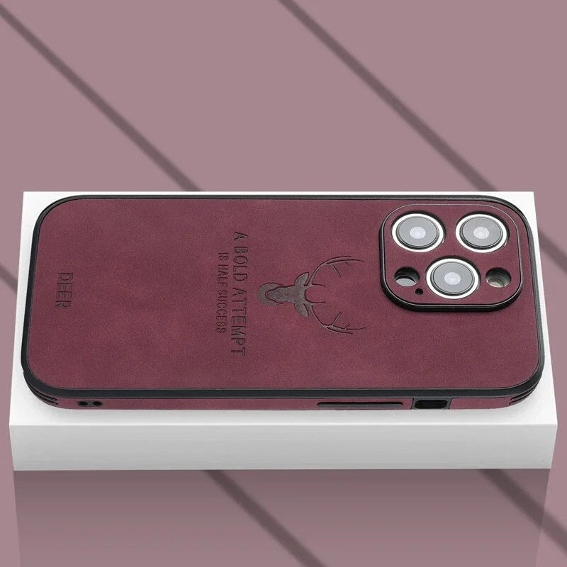 Genuine leather iPhone case with deer engraving, burgundy, camera cutouts, shockproof edge